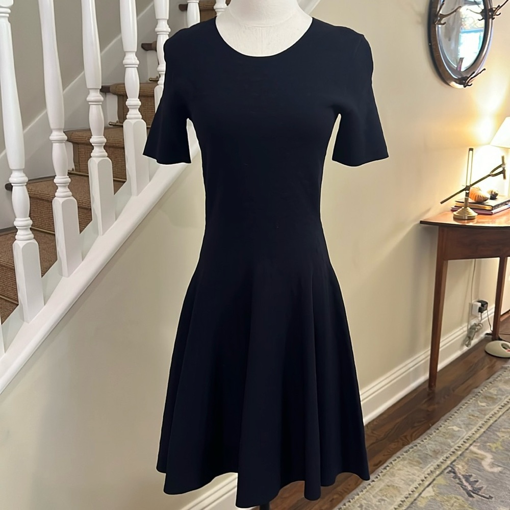 Akris Punto Short Sleeve Navy Dot Jacquard Scuba Fit and Flare Dress